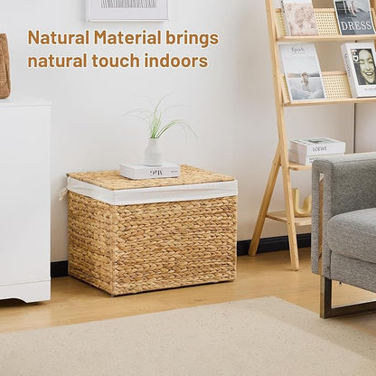 Water Hyacinth Storage Basket with Lid, 31.7 Gallon (120L) Wicker Shelf Basket with Removable Liner, Wicker Storage Basket for Blanket, for Livingroom, Bedroom, Natural