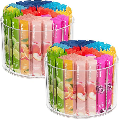 2-Pack Divided Drink Packet Organizer, Rotating Turntable Organizer, Spinning Powdered Drink Mix Holder, Clear Lazy Susan Turntable, Divided Water Drink Packet Storage Organizer