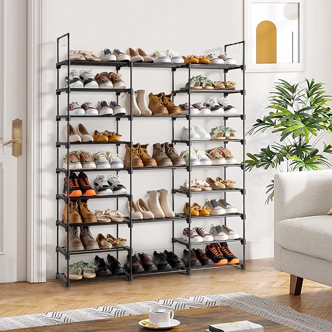 9 Tiers Shoe Rack, Metal Shoe Storage Organizer with Non-Woven Fabric, Large Shoe Rack Shoe Stand Holds 50-55 Pairs Boots Sturdy Tall Shoe Shelf for Entryway, Closet, Garage, Bedroom, Cloakroom，Black