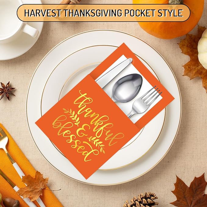 Whaline 100 Pcs Thanksgiving Paper Silverware Bags Foil Gold Give Thanks Cutlery Holders Autumn Harvest Utensil Paper Bag Pocket for Fall Dinner Table Decor