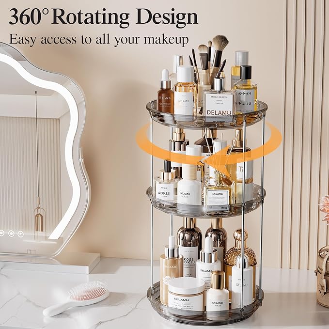 Delamu 3 Tier Rotating Makeup Organizer for Vanity, Skincare Organizer for Bathroom Counter, Spinning Perfume Organizer Cosmetic Holder with Large Capacity, Grey