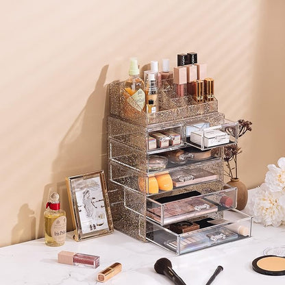 Sorbus Acrylic Makeup Organizer Set, 6-Drawer Vanity & Countertop Cosmetic Storage with Small & Wide Compartments, Glitter Makeup Storage for Brushes, Jewelry – Holiday Gift for Women & Teens