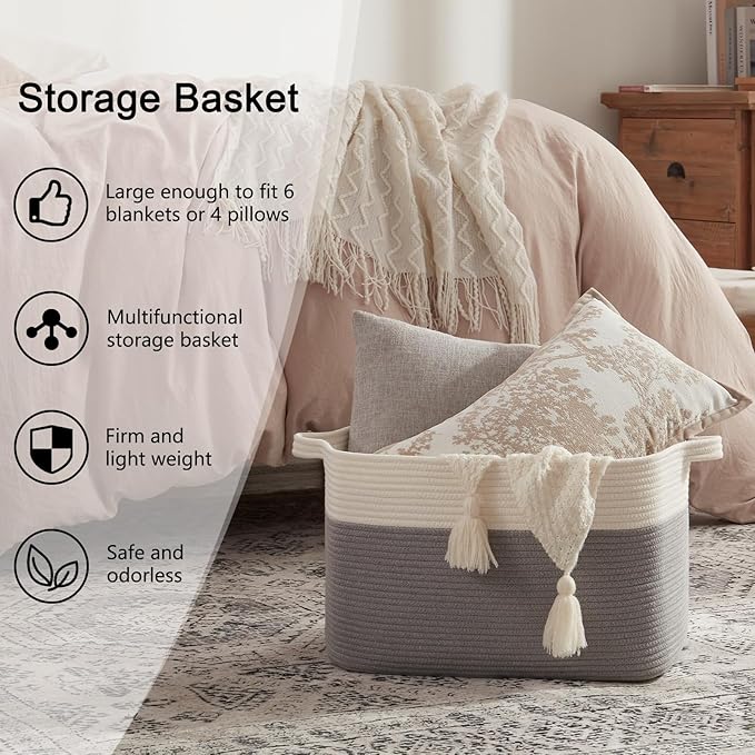 OIAHOMY Large Blanket Basket, 65L Cotton Rope Woven Laundry Basket, Toy Bin for Baby Room, Container for Blanket Storage in Living Room, 20''×16''×12'', Grey & White