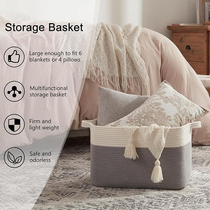 OIAHOMY Large Blanket Basket, 65L Cotton Rope Woven Laundry Basket, Toy Bin for Baby Room, Container for Blanket Storage in Living Room, 20''×16''×12'', Grey & White
