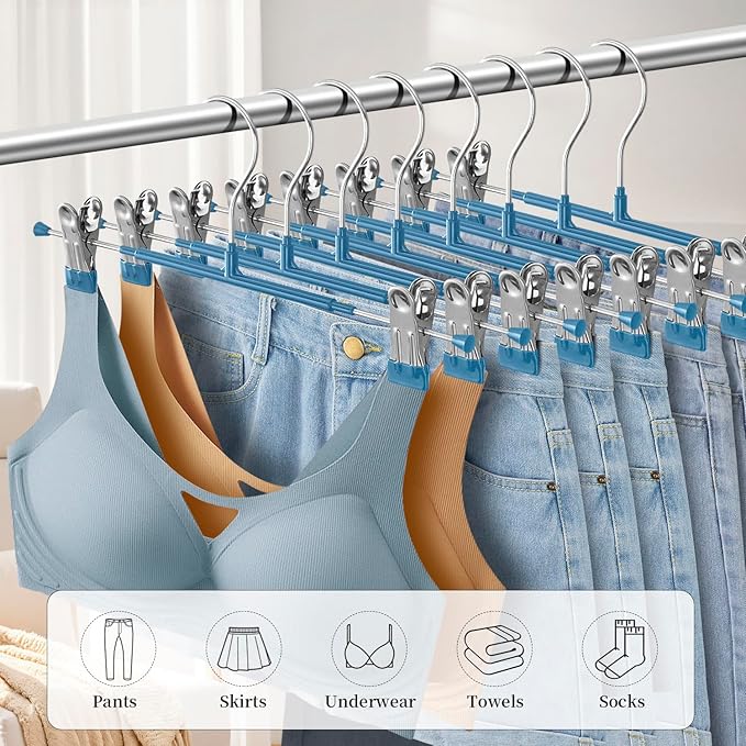Pants Hangers with Clips 10 Pack Adjustable Skirt Hangers for Women Non-Slip Trousers Hanger for Jeans Clothes Hangers for Pants Heavy Duty Space Saving Shorts Hangers,Blue,12Inch