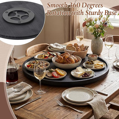 20'' Wood Lazy Susan for Countertop Acacia Large Turntable Rotating Serving Tray for Table Top Non Skid Kitchen Tray Revolving Condiment Spice Rack Table Organization Storage, Black