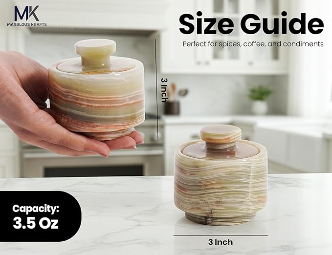 MARBLOUS KRAFTS Green Onyx 3" Small Salt Cellar Set of 2 Handmade Marble Salt Container with Lid for Countertop, Spice Jar, Sugar Bowl, Salt & Pepper Holder, Kitchen Gift