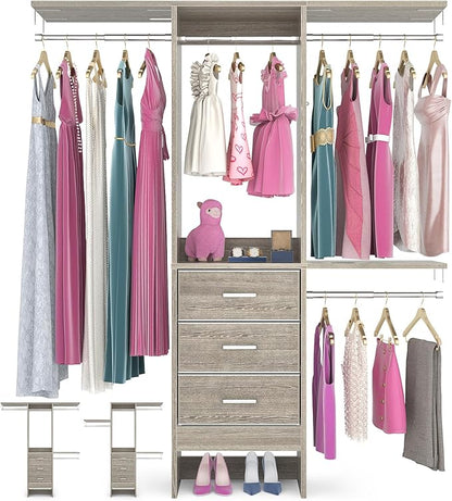 Besiost 4FT Small Closet System with 3 Fabric Drawers, 48'' Closet Organizer System With 3 Adjustable Shelves, Flexible Built-In Clothes Garment Rack for Small Space, 48"L x 13"W x 71"H, White Oak