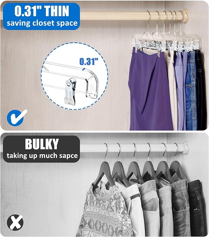 Amber Home 24 Pack Clear Plastic Pants Hangers, Skirt Hangers with 2 Adjustable Clips for Jeans, Slacks & Shorts, Crystal Clear Clothes Hangers with 360° Swivel Hook