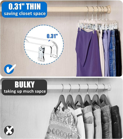 Amber Home 24 Pack Clear Plastic Pants Hangers, Skirt Hangers with 2 Adjustable Clips for Jeans, Slacks & Shorts, Crystal Clear Clothes Hangers with 360° Swivel Hook