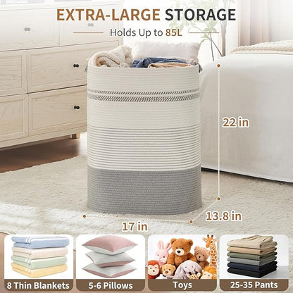 AINUOQI Laundry Basket with Handles - Blanket Basket & Hampers for Bedroom Aesthetic, Laundry Hamper & Blanket Storage for Living Room, Clothes Hamper, Tall, Large 17" x 14" x 22”, Grey