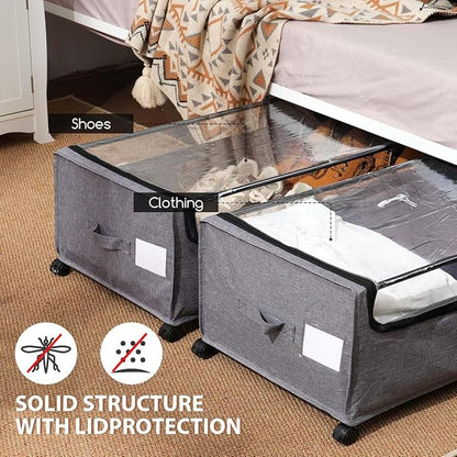 FOUCSSOMEI Under Bed Storage with Wheels, Rolling Under bed Storage with Metal Frame, Under Bed Shoe Storage for Space Saving, Zippered Clear Lid, Heavy-Duty Steel Base for Clothes