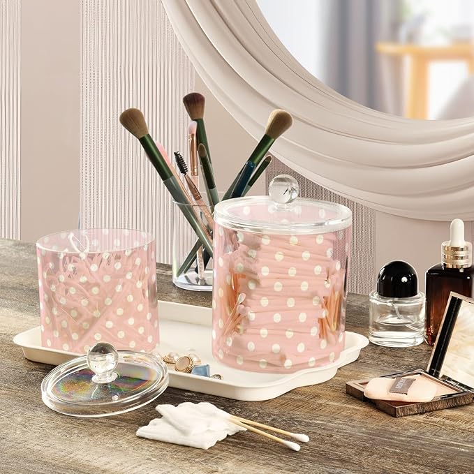 2 Pack Qtip Dispenser Apothecary Jars with Lids Cotton Round Holder Bathroom Canisters for Cotton Swab Floss Ball Pads Clear Plastic Decorative Pink Polka Dots
