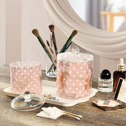 2 Pack Qtip Dispenser Apothecary Jars with Lids Cotton Round Holder Bathroom Canisters for Cotton Swab Floss Ball Pads Clear Plastic Decorative Pink Polka Dots