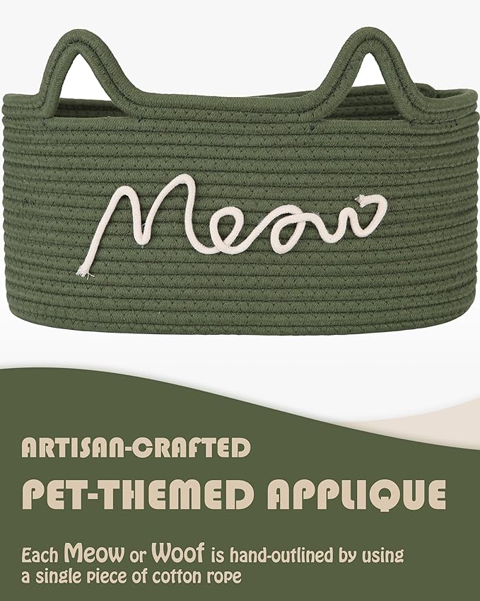 Sea Team Cat Toy Basket with Handles, 16.5 x 11 x 7 Inches, 4.4 Gallons Large Cotton Rope Storage Bin, Box, Shelf Organizer for Pet Chew Toys, Foods, Green Meow