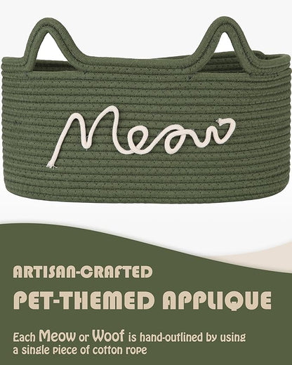 Sea Team Cat Toy Basket with Handles, 16.5 x 11 x 7 Inches, 4.4 Gallons Large Cotton Rope Storage Bin, Box, Shelf Organizer for Pet Chew Toys, Foods, Green Meow