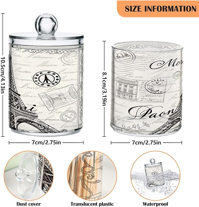 Apothecary Jars Bathroom Storage Organizer with Lid - 14 oz Qtip Holder Storage Canister, Paris Eiffel Tower Clear Plastic Jar for Cotton Swab, Cotton Ball, Floss Picks, Makeup Sponges,Hair Cl