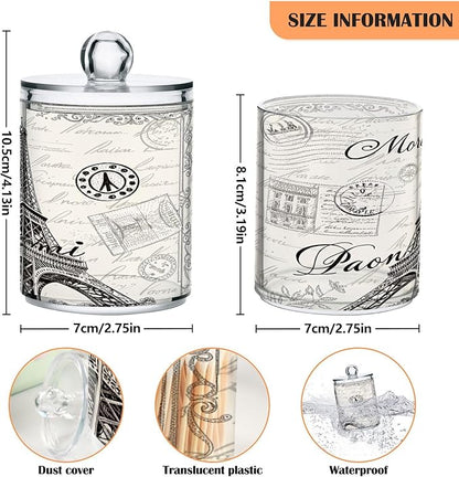 Apothecary Jars Bathroom Storage Organizer with Lid - 14 oz Qtip Holder Storage Canister, Paris Eiffel Tower Clear Plastic Jar for Cotton Swab, Cotton Ball, Floss Picks, Makeup Sponges,Hair Cl
