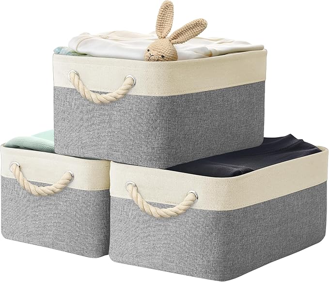 Simple Houseware 15.7" x 12" Wide & Low Fabric Storage Bin for Shallow Gaps and Closet, Braided Handles, 3 Pack, Gray