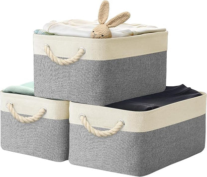 Simple Houseware 15.7" x 12" Wide & Low Fabric Storage Bin for Shallow Gaps and Closet, Braided Handles, 3 Pack, Gray