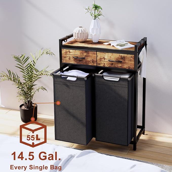 Timberer Laundry Hamper, Laundry Sorter 2 Section, Rolling Laundry Basket with Wheels, 2 Drawers, 2 × 14.5 Gal (55 L), Pull-Out and Removable Oxford Fabric Bags, Black and Rustic Brown