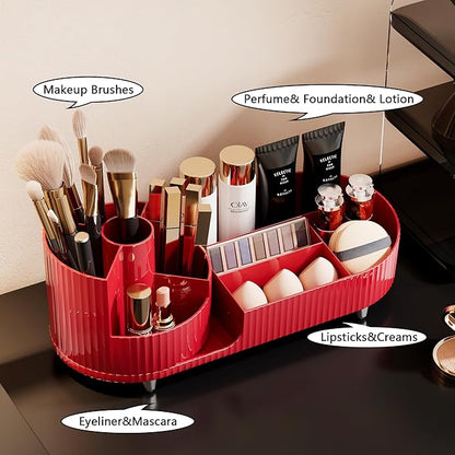 Rotating Makeup Organizer for Vanity with Brush Holder, Cosmetic Makeup Storage Organizer, Large Spinning Makeup Skincare Organizer, Countertop Makeup Perfume Organizer, Lotions Display Case Red