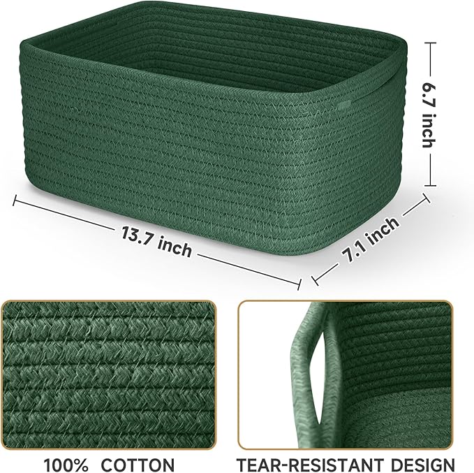 3-Pack Storage Baskets for Organizing | Woven Shelf Toy Basket | Rope Baskets for Gifts Empty | Closet Organizer Bins with Handles | Cube Decorative Box | 13.7×7.1×6.7” | Dark Green