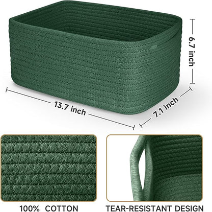 3-Pack Storage Baskets for Organizing | Woven Shelf Toy Basket | Rope Baskets for Gifts Empty | Closet Organizer Bins with Handles | Cube Decorative Box | 13.7×7.1×6.7” | Dark Green