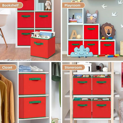 STORAGE MANIAC Storage Cubes, 11 Inch Durable 6 Pack Storage Shelf Basket for Christmas, Fabric Foldable Collapsible Bins with Handles for Organization, Closet, Shelves, Offices, Toys, Red
