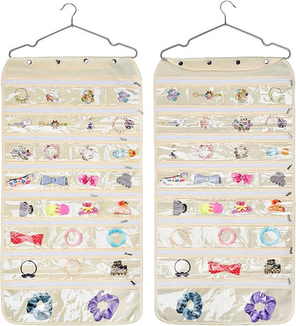 Luney Hanging Jewelry Organizer with Zippers, 56 Pockets Earring Holder Organizer with Pockets for Woman, for Hanging Earrings, Necklaces, Bracelets, Rings, Storage, Closet (Beige)