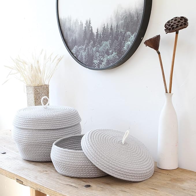 Sea Team Round Cotton Rope Storage Basket with Lid, Decorative Woven Storage Bin, Pot, Caddy, Organizer, Container for Snacks, Towels, Plants, 13 x 5.5 Inches (Large, Shallow, Grey)