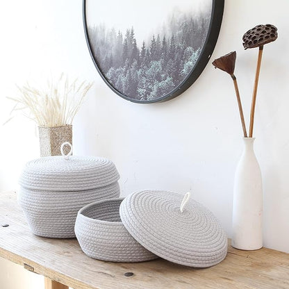 Sea Team Round Cotton Rope Storage Basket with Lid, Decorative Woven Storage Bin, Pot, Caddy, Organizer, Container for Snacks, Towels, Plants, 13 x 5.5 Inches (Large, Shallow, Grey)