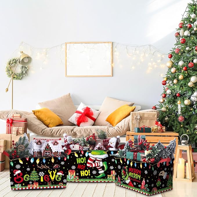 Geelin 3 Pcs Green Christmas Baskets Storage Black Green Merry Christmas Basket for Gifts Collapsible Waterproof Canvas Xmas Storage Bin Organizer with Handles for Book Closet Shelf Nursery Decor