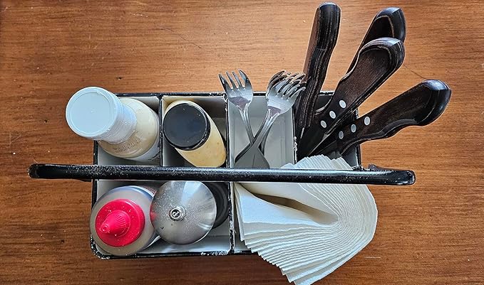 Distressed White Rustic Metal Silverware Caddy Utensil Holder with 6 Compartments & Napkin Slot – Portable for Parties, Picnics, Countertop & Kitchen