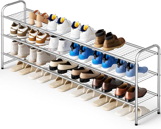 KEETDY 3-Tier Long Shoe Rack for Closet Metal Shoe Organizer for Entryway, Wide Stackable Shoe Storage Shelf with Sturdy Wire Grid for Closet Floor, Bedroom, Grey
