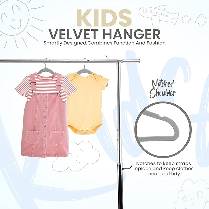 Utopia Home Kids Velvet Hangers 50 Pack – 11 Inch Non-Slip Baby Hangers for Baby and Toddlers, Durable Ultra-Slim Space-Saving Closet Organizers (Grey)