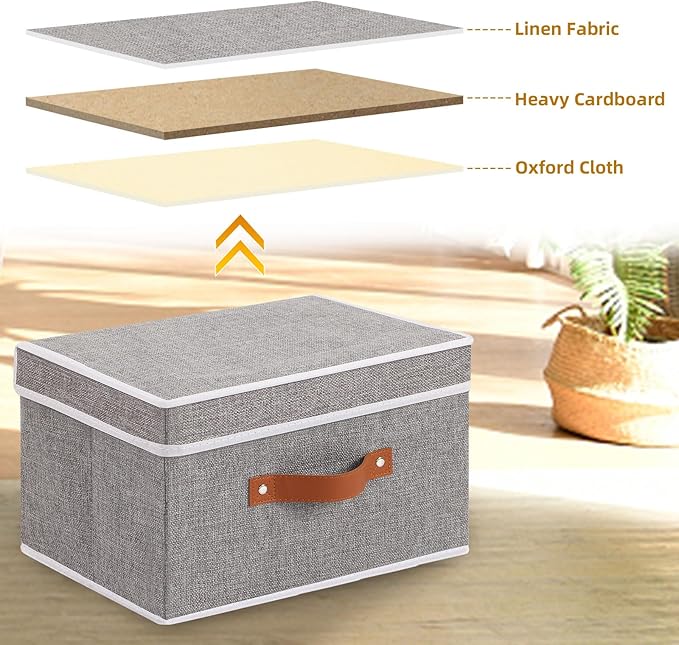 Storage Basket with Lid, Linen Foldable Storage Bin, Closet Organizer Box with Double Handles for Bedroom Corners, Grey, 1 Pack, 13 x 9.1 x 7.9 Inch