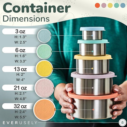 Everusely - Stainless Steel Containers with Lids - Set of 5, Bright Collection - Leakproof Stainless Steel Food Containers - Nesting Snack Holders - Metal Lunch Box - Portable & Reusable Meal Kit