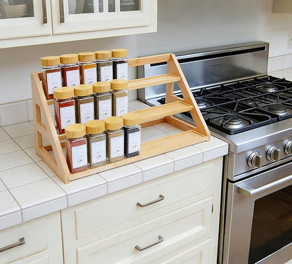 Bamboo Tier Spice Rack Organizer: 17.5 Inch Wide Kitchen Cabinet Countertop Spice Jar Organizer for Home Organization
