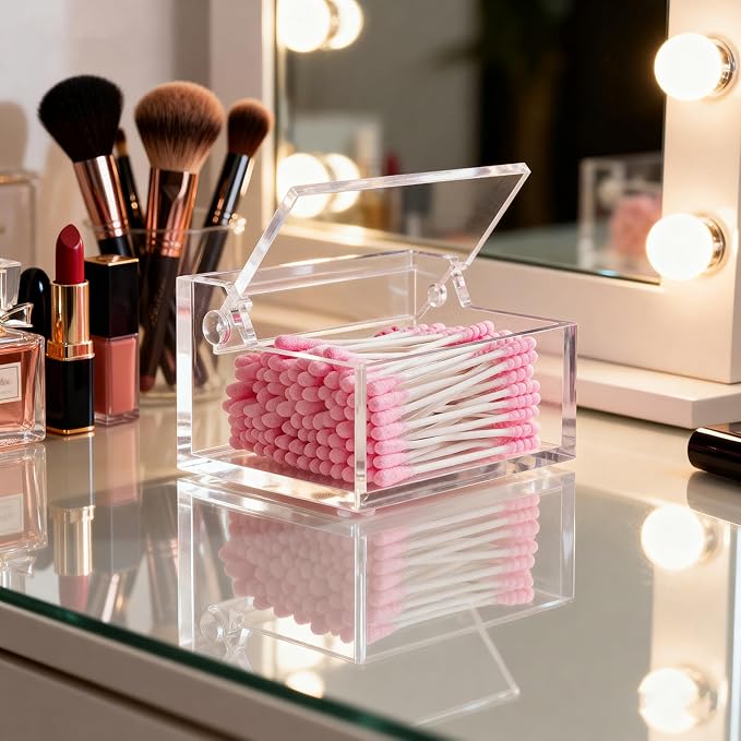 Clear Acrylic Qtip Holder with Lid, Cotton Balls Swab Organizer, 3.9" x 2.8" x 2" Dispenser for Makeup Pad, Floss Picks, Bath Salts, Cosmetic Storage Case, Home Bathroom Decor (DP051)