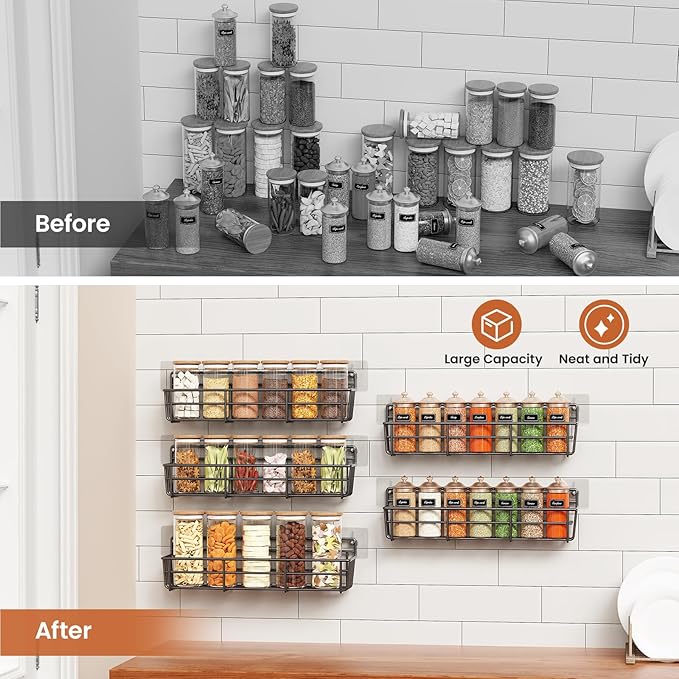 Mystozer 5 Pack Spice Rack Seasoning Organizer Wall Mount, Screw or Adhesive Hanging Shelf Basket Spice Organizer Shelf for Kitchen, Black
