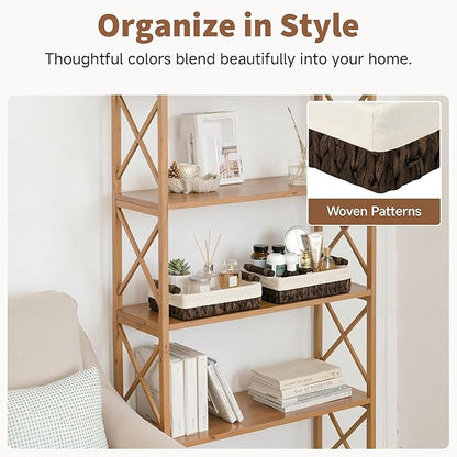 StorageWorks Small Baskets for Organizing with Wooden Handles and Liner, Wicker Toilet Paper Baskets for Back of Toilet Basket, Brown Water Hyacinth Bathroom Basket Organizer and Storage, 2 Pack