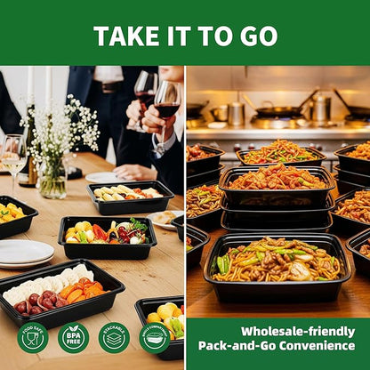 Meal Prep Containers, 50 Pack 58oz (100-Piece) Disposable Take Out Food Storage Containers with Leakproof Lids, Large Plastic To Go Lunch Boxes, BPA Free, Microwave/Dishwasher/Freezer Safe