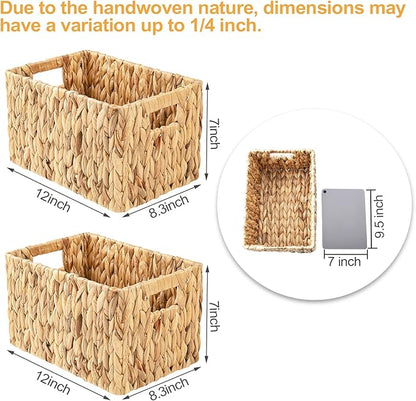 Water Hyacinth Rectangular Wicker Baskets, 12" Wicker Basket 2 Pack, Woven Storage Baskets with Handles