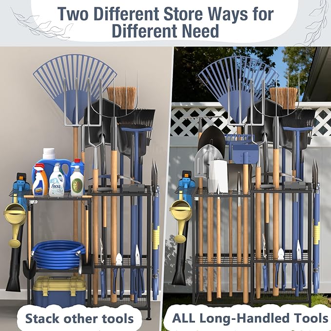 Garden Tool Organizer, Metal Yard Tool Organizer,Holds 70 Long-Handled Tools/Rakes/Brooms,Side Garden Pocket,Heavy Duty Steel Yard Tool Storage Rack for Garage,Shed, Outdoor(Black-Large)