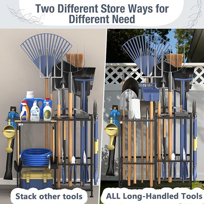 Garden Tool Organizer, Metal Yard Tool Organizer,Holds 70 Long-Handled Tools/Rakes/Brooms,Side Garden Pocket,Heavy Duty Steel Yard Tool Storage Rack for Garage,Shed, Outdoor(Black-Large)