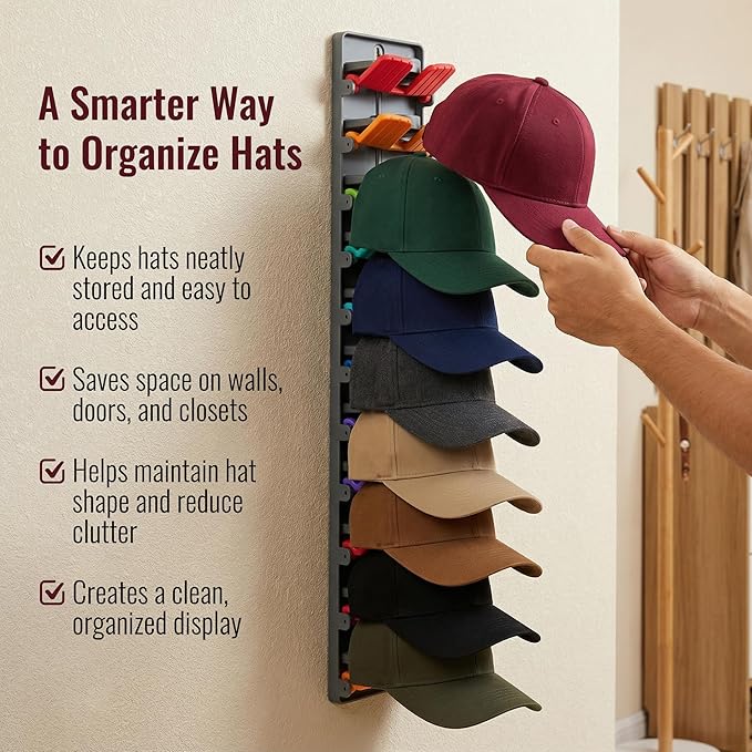 Hat Organizer for Baseball Caps - 2 Pack Hat Rack Hanger for Wall Door Closet Storage - Wall-Mounted Vertical Ball Cap Holder Display Racks - Hanging Ballcap Shelf Organizers Holds Up to 20 Hats