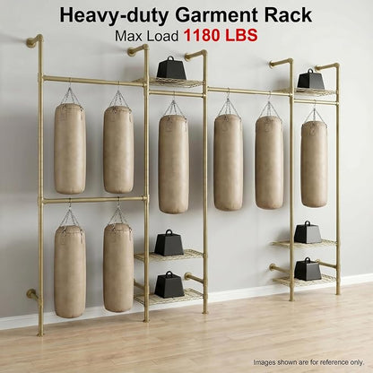 Wall Mounted Closet System – Adjustable Clothing Rack with 6 Hanging Clothes Rods( 4 Expandable Rods) & 6 Shelves, Heavy Duty Industrial Pipe Clothes Rack for Closet Organizer and Storage, Gold