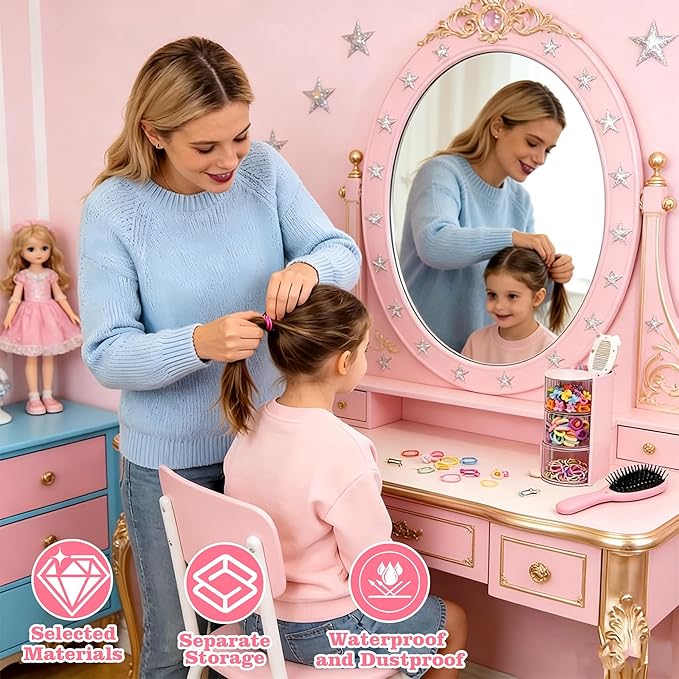 Azurphoric Hair Accessories Organizer with Hair Brush Holder, Rotatable Makeup Brush Holder for Necklaces, Earring, Bracelet, Ring, Makeup Brushes, Hair Clip and Hair Accessories (Pink, 3-Layer)