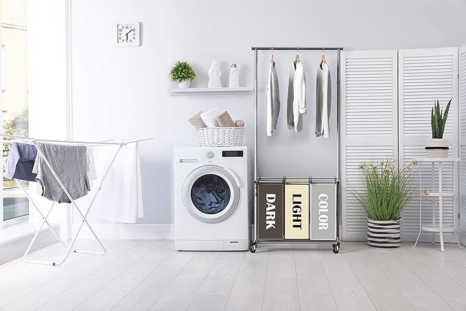Simple Houseware 3-Bag Laundry Sorter with Extensible Clothes Hanging Rod, 3-Logoed Multi Color Bags